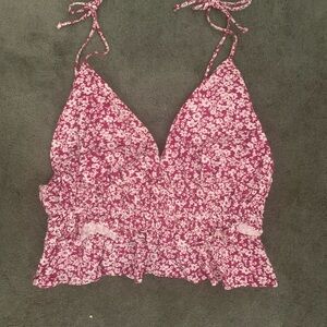 Pink Smocked Crop Tank Top with Ruffed bottom